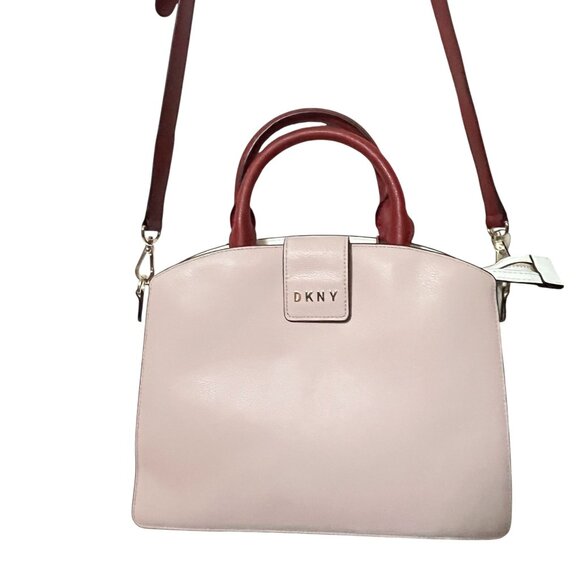 DKNY CLARA LEATHER SATCHEL CROSSBODY BAG RED PINK GOLD TONE COLORBLOCK NWT - Picture 7 of 13